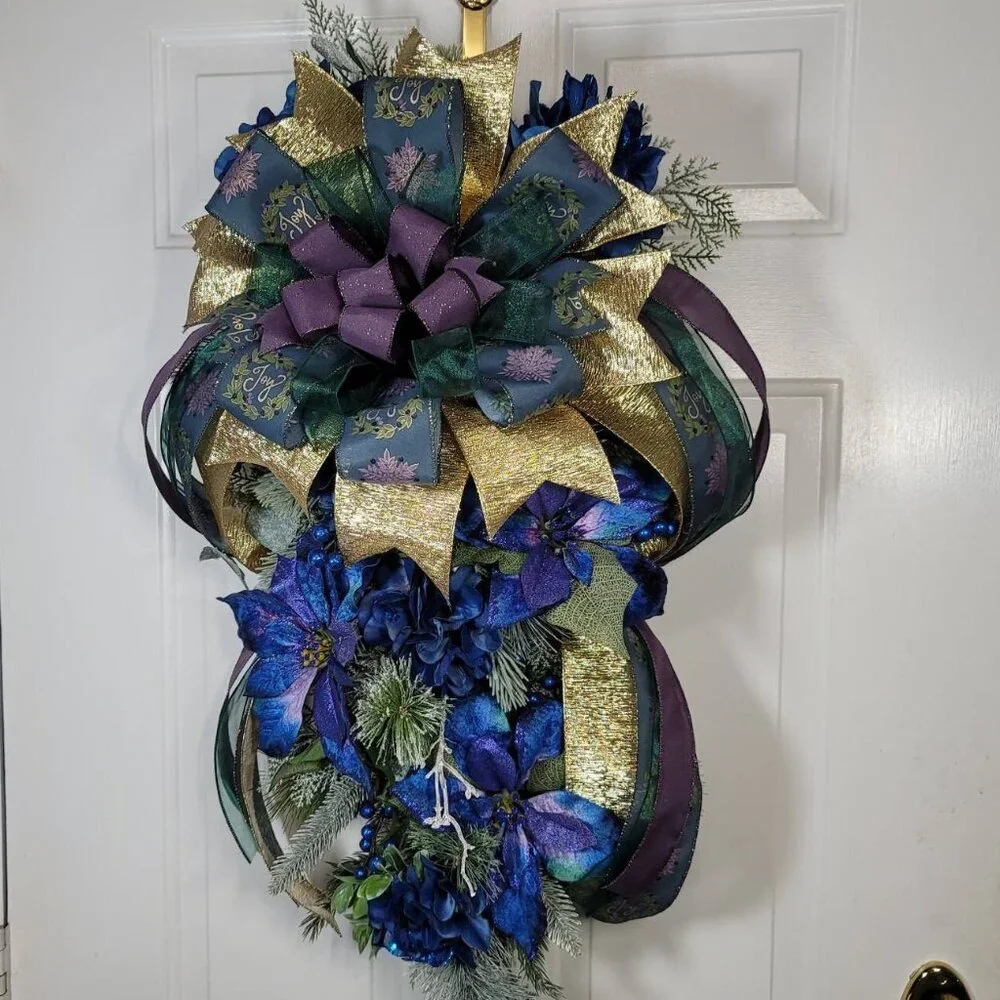 Blue Joy Poinsettia and Hydrangea with Mixed Pines Swag, Holiday Swag